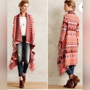 Anthropologie Sleeping On Snow Red Wool Long Open Front Waterfall Cardigan S